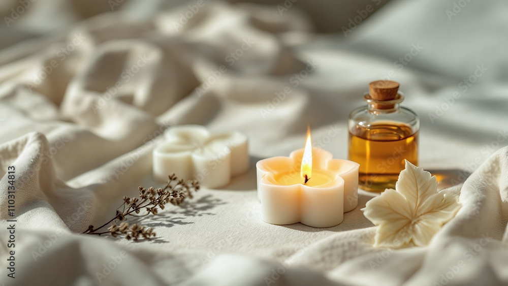 Serene arrangement of candles and essential oils representing relaxation and tranquility against a soft fabric backdrop. Serene arrangement of candles and essential oils representing relaxation and tranquility against a soft fabric backdrop.