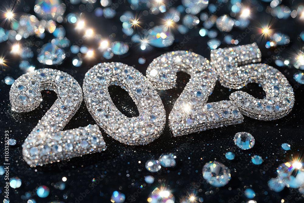 The word 2025 is made of sparkling diamonds, glittering on a black background, with twinkling stars and silver sparkles around it. The word 2025 is made of sparkling diamonds, glittering on a black background, with twinkling stars and silver sparkles around it.