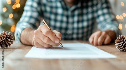 A focused man in plaid shirt diligently writes on a document amid festive holiday decor, symbolizing productivity and focus during seasonal celebrations. photo