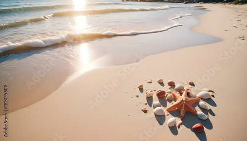 Una playa de arena con aguas cristalinas de color turquesa que bañan la orilla photo