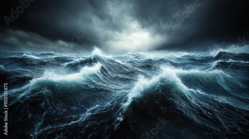 An intense depiction of the turbulent ocean waves under dark, stormy skies, capturing the powerful force of nature and the mysterious mood of the night.