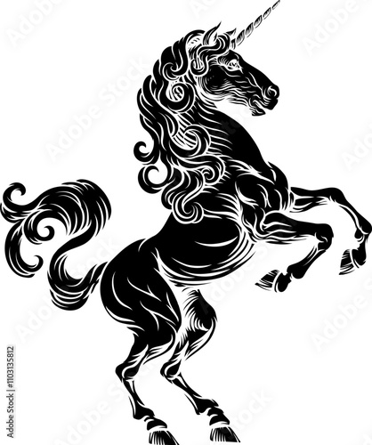 Unicorn horn horse mythological animal from myth. For a crest in rampant pose. Heraldic coat of arms heraldry design element in a vintage illustration style.