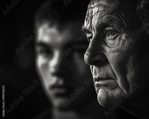 Emotive Black and White Portrait of Mentorship in Boxing Gym