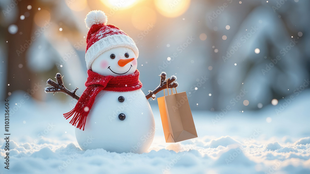Cute happy Snowman Holding Shopping Bags on a bright sunny day on a winter snowy background with copy space. Concept of Winter sale and Family Fun active leisure Cute happy Snowman Holding Shopping Bags on a bright sunny day on a winter snowy background with copy space. Concept of Winter sale and Family Fun active leisure