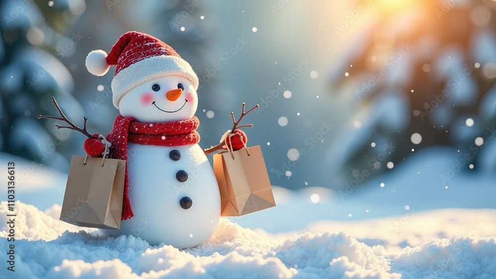 Cute happy Snowman Holding Shopping Bags on a bright sunny day on a winter snowy background with copy space. Concept of Winter sale and Family Fun active leisure Cute happy Snowman Holding Shopping Bags on a bright sunny day on a winter snowy background with copy space. Concept of Winter sale and Family Fun active leisure