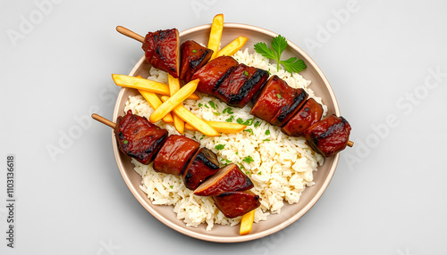 Meat doner with rice and French fries. Traditional Turkish cuisine taste. Meat doner kebab over rice cooked on a gray background. local name pilavustu et doner. Top view isolated with white highligh photo