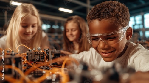 A diverse group of young children in a workshop environment are excitedly engaging with electronic parts and tools, demonstrating teamwork and a shared love for learning. photo