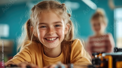 A smiling girl leans over a table filled with electronics components, embodying joy and engagement in a hands-on STEM activity in a vibrant classroom setting.