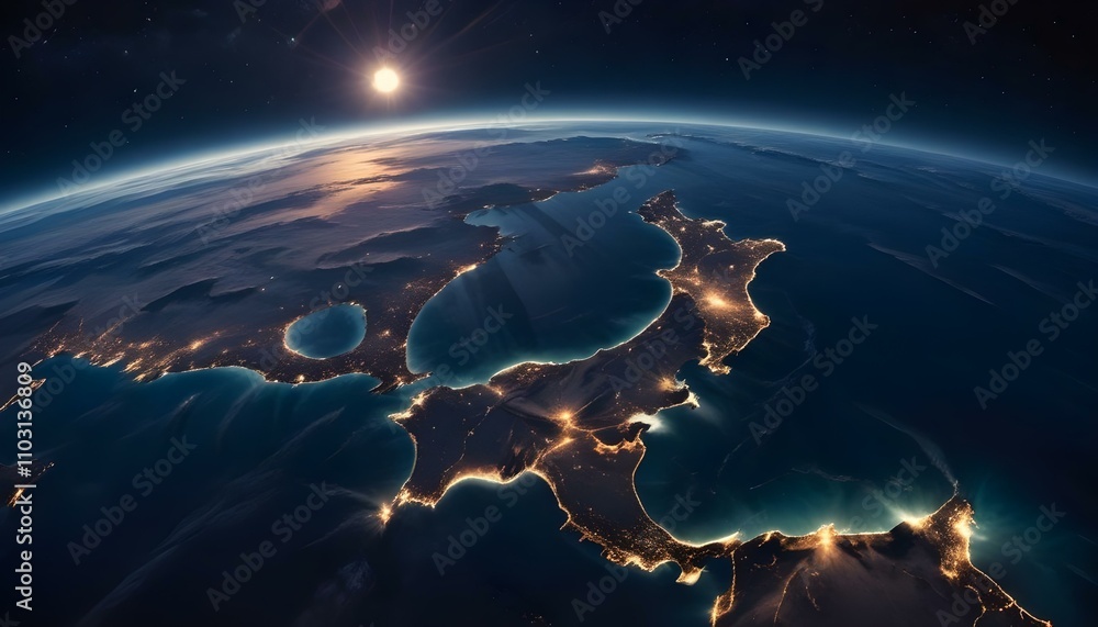 Una vista de la Tierra desde el espacio, con la Luna visible en el cielo nocturno. La superficie de la Tierra está iluminada por el sol, dejando al descubierto las costas y las masas de tierra. El fon Una vista de la Tierra desde el espacio, con la Luna visible en el cielo nocturno. La superficie de la Tierra está iluminada por el sol, dejando al descubierto las costas y las masas de tierra. El fon