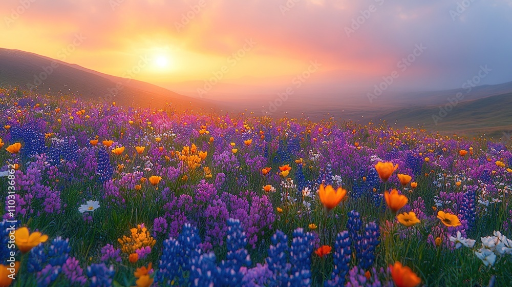 A vibrant field of wildflowers under a colorful sunset, showcasing nature's beauty. A vibrant field of wildflowers under a colorful sunset, showcasing nature's beauty.