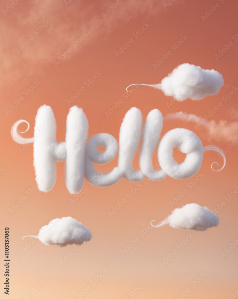 Whimsical Fluffy Cloud with Hello Message on a Beautiful Peach and Orange Gradient Sky