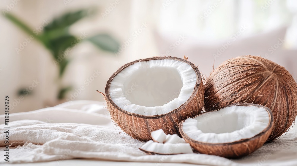 Close-up coconut preparation food photography in a natural indoor kitchen setting