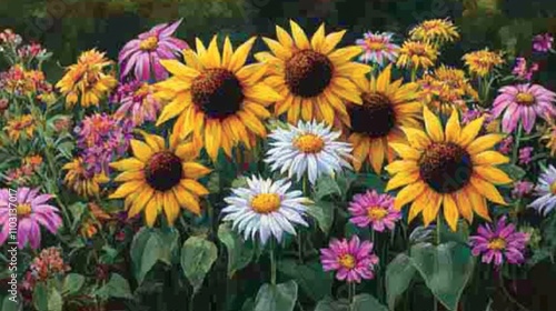 Vibrant sunflowers and wildflowers in a summer garden.