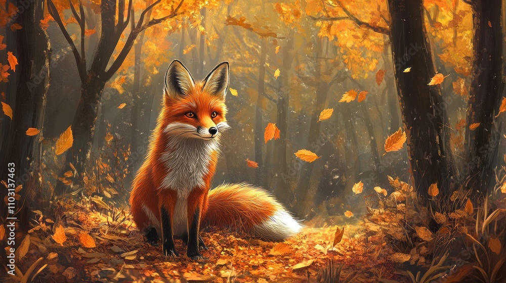 Fototapeta premium Autumnal Fox in Enchanting Forest