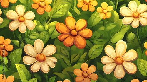 A seamless pattern of cartoon flowers with repeating motifs and harmonious colors  photo