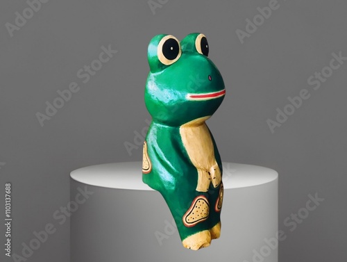 The gray background in the picture is a picture of a frog doll with a dark green body and head. It is a frog sitting on a gray shelf with two black eyes, a red mouth, and hands and feet. photo