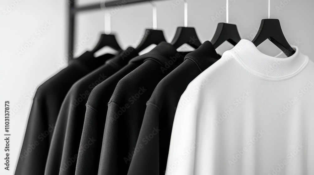 Obraz premium Black and white fashion pieces on black hangers in luxury store stylish clothing rack display,modern fashion blog aesthetic,Business fashion,social media,shopping mall,sale online,Fashion blog.