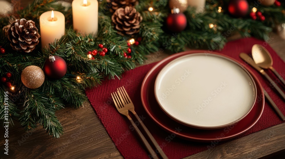 Christmasthemed dinner table setup with festive plates, cutlery, and candles in a cozy, decorated room Christmas dinner table, festive mockup Christmasthemed dinner table setup with festive plates, cutlery, and candles in a cozy, decorated room Christmas dinner table, festive mockup