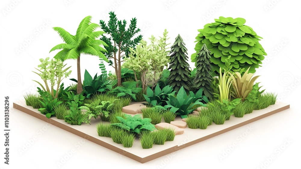 3D isometric illustration of a jungle with lush trees and greenery, set against a clean white background. This vibrant scene captures the essence of a tropical environment with detailed foliage, 3D isometric illustration of a jungle with lush trees and greenery, set against a clean white background. This vibrant scene captures the essence of a tropical environment with detailed foliage,