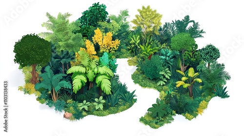 Fototapeta Naklejka Na Ścianę i Meble -  3D isometric illustration of a jungle with lush trees and greenery, set against a clean white background. This vibrant scene captures the essence of a tropical environment with detailed foliage, 