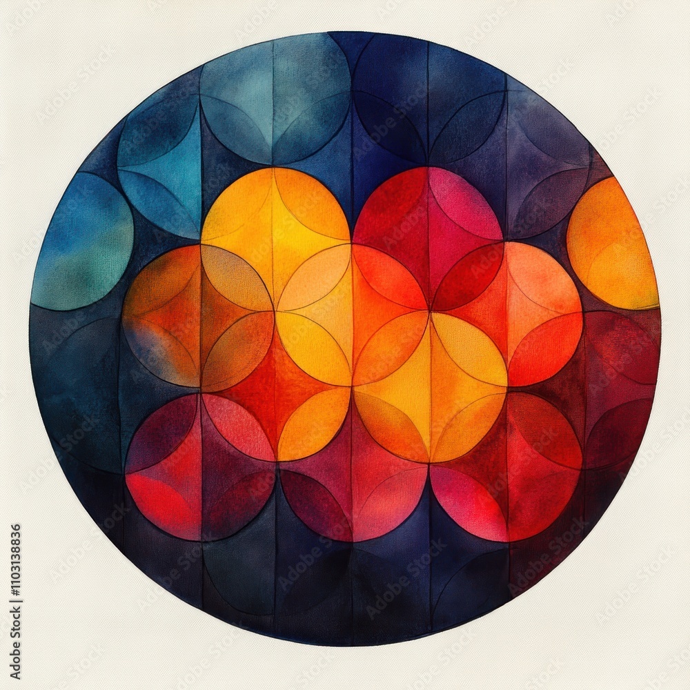 Fototapeta premium Abstract circular pattern with vibrant colors and overlapping shapes.