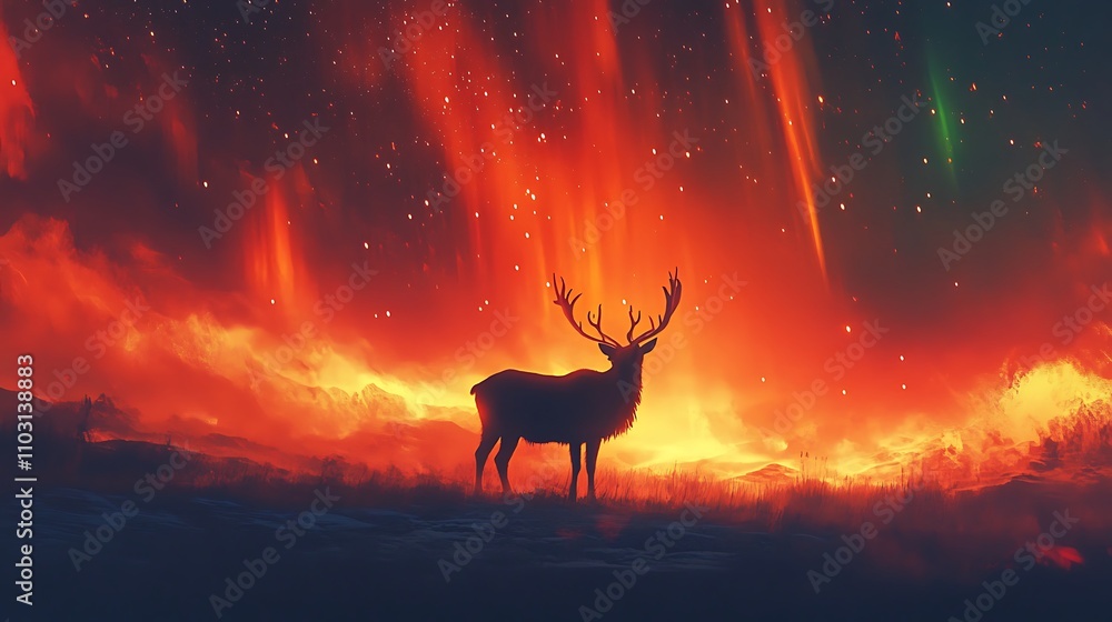 Reindeer standing on an open plain under the vibrant display of northern lights Reindeer standing on an open plain under the vibrant display of northern lights