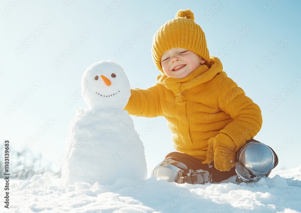Joyful Winter Play Young Boy with Prosthetic Leg Building Snowman Joyful Winter Play Young Boy with Prosthetic Leg Building Snowman