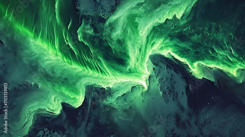 Vibrant aurora patterns swirling above a snowy plateau and frozen lake photo