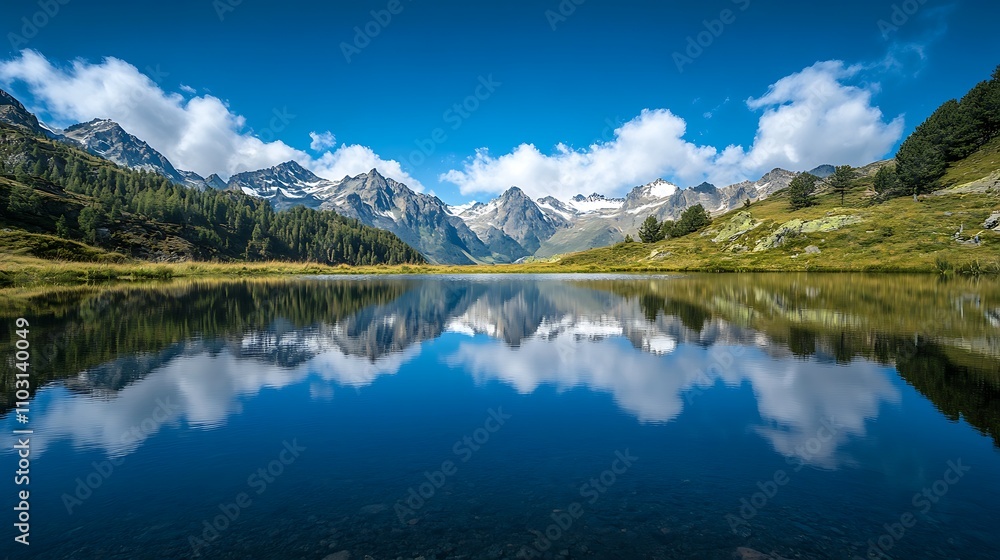 Aurora lights reflected in the glassy waters of an isolated mountain lake Aurora lights reflected in the glassy waters of an isolated mountain lake