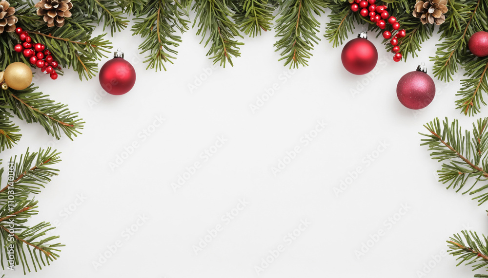 Christmas Branches Border with Christmas Decorations on white Background Christmas Branches Border with Christmas Decorations on white Background