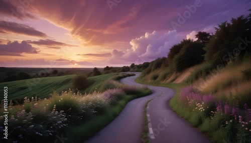 Un camino largo y sinuoso que se extiende a lo lejos bajo un colorido cielo al atardecer con nubes. El camino está rodeado de frondosos árboles verdes y vegetación a ambos lados photo