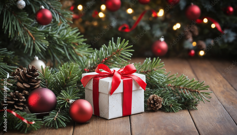 Christmas themed background featuring ornaments, a gift box with a red ribbon, and pine branches for seasonal decorations Christmas themed background featuring ornaments, a gift box with a red ribbon, and pine branches for seasonal decorations