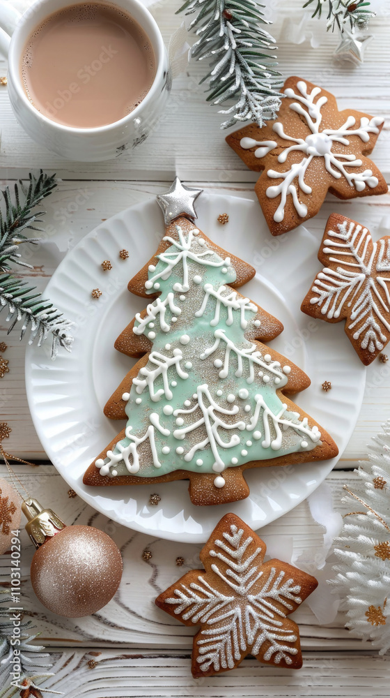 Christmas vertical card with homemade gingerbread cookies in the shape of a Christmas tree with white icing. Seasonal background for a cafe or bakery menu Christmas vertical card with homemade gingerbread cookies in the shape of a Christmas tree with white icing. Seasonal background for a cafe or bakery menu