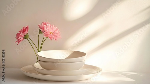 Minimalist Still Life with Bowls and Pink Flowers on Soft Background