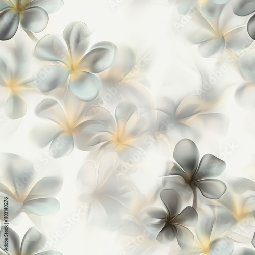 art, icm, motion, a seamless pattern that can be printed on a fabric. contains exotic and tropical flowers , tropical big leafs, background should be a peachy orange leafs should be blue and ecru, 