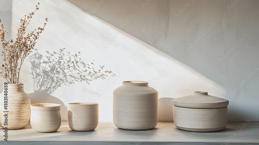 Minimalist Wooden Vessels on Shelf with Natural Light Shadows Minimalist Wooden Vessels on Shelf with Natural Light Shadows