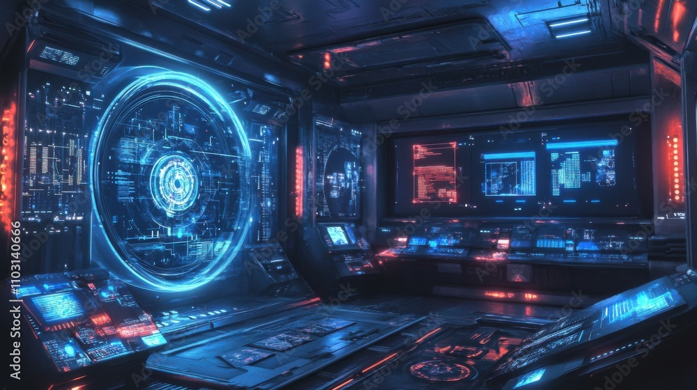 Futuristic Control Room with High-Tech Displays and Neon Lights Futuristic Control Room with High-Tech Displays and Neon Lights