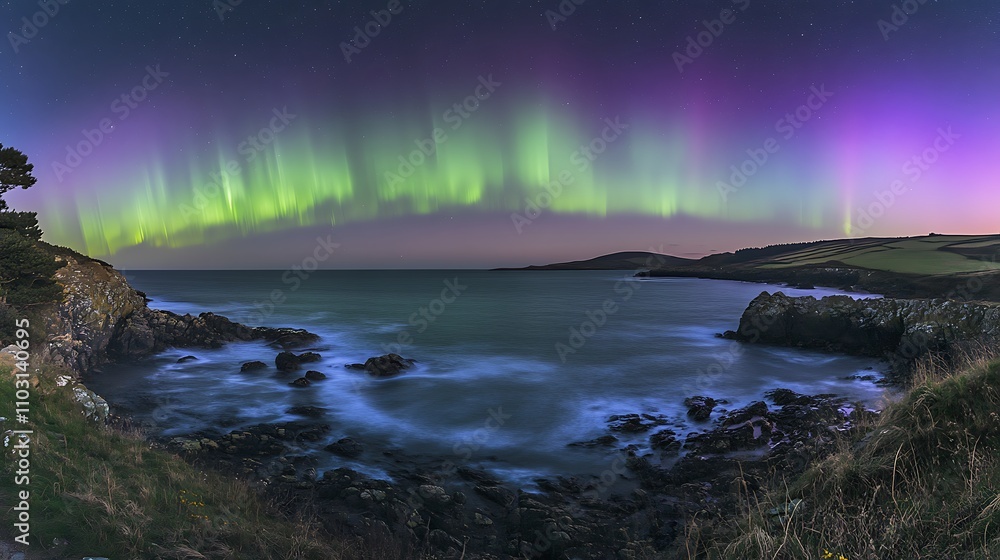 Naklejka premium Brilliant aurora borealis with shades of green and purple above a rugged coastline