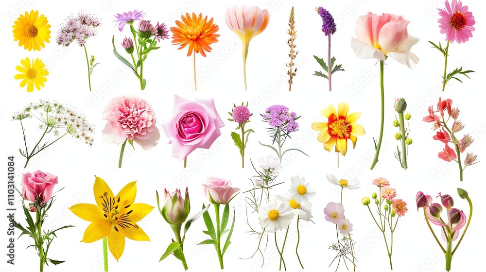 A collection of various flowers isolated on a white background. A collection of various flowers isolated on a white background.
