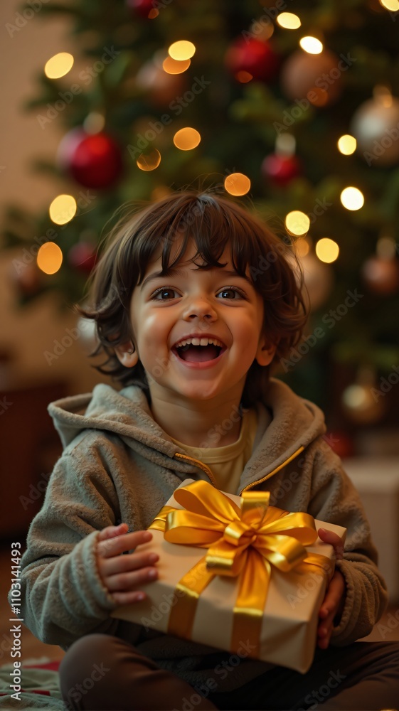 A Joyful Kid Receiving a Golden-Ribboned Gift Amidst Festive Tree Lights, vertical orientation. A Joyful Kid Receiving a Golden-Ribboned Gift Amidst Festive Tree Lights, vertical orientation.