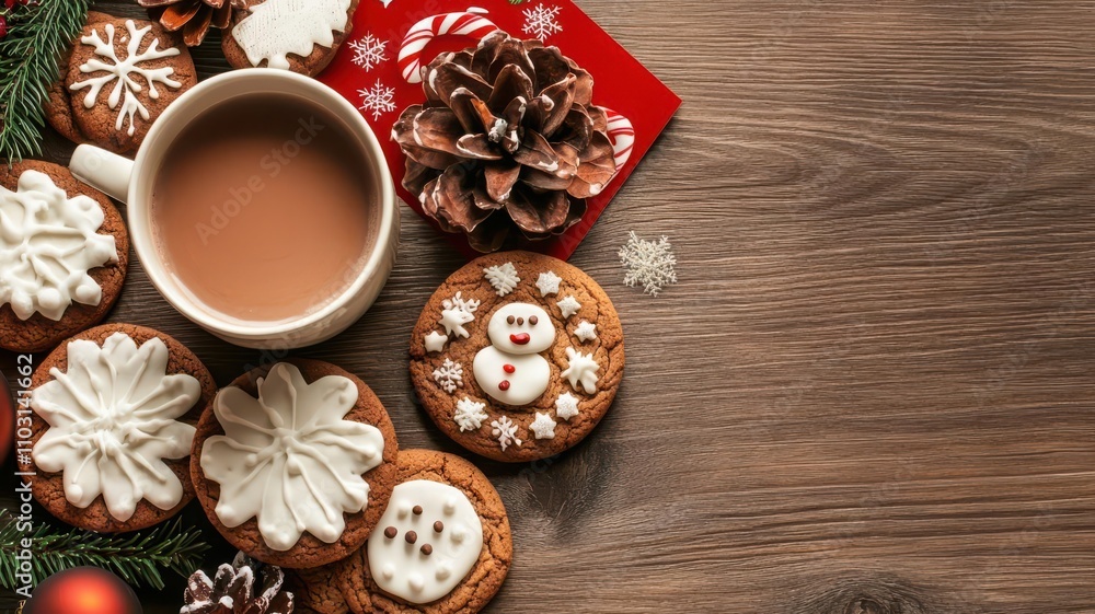 Flat lay of Christmas cookies, hot cocoa, and personalized holiday cards, arranged on a wooden table Christmas cookies, festive treat Flat lay of Christmas cookies, hot cocoa, and personalized holiday cards, arranged on a wooden table Christmas cookies, festive treat
