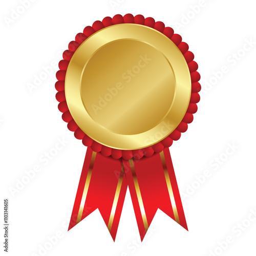 Empty gold badge with red ribbon on white background. shiny gold award medals with red flower ribbon. award medals with red ribbon rosettes. golden medal label
