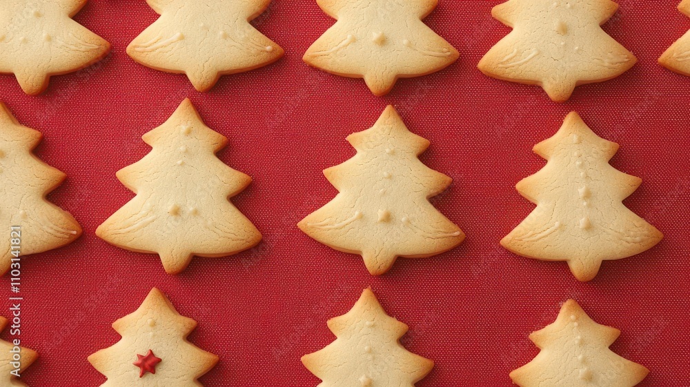 Flat lay of Christmas cookies in the shape of trees and stars, arranged on a festive red tablecloth Christmas cookies, festive food display Flat lay of Christmas cookies in the shape of trees and stars, arranged on a festive red tablecloth Christmas cookies, festive food display