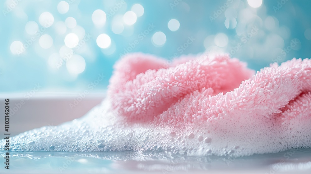 Fototapeta premium Soft Pink Towel on Foam with Blue Background in Relaxing Environment
