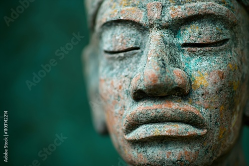 Ancient weathered bronze statue head with patina against green background. Spiritual meditation art concept. Museum artifact close-up with textural details and copy space