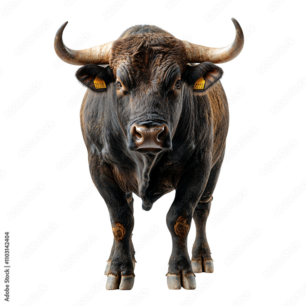 Naklejka premium Majestic Brown Bull Powerful Horns Farm Animal