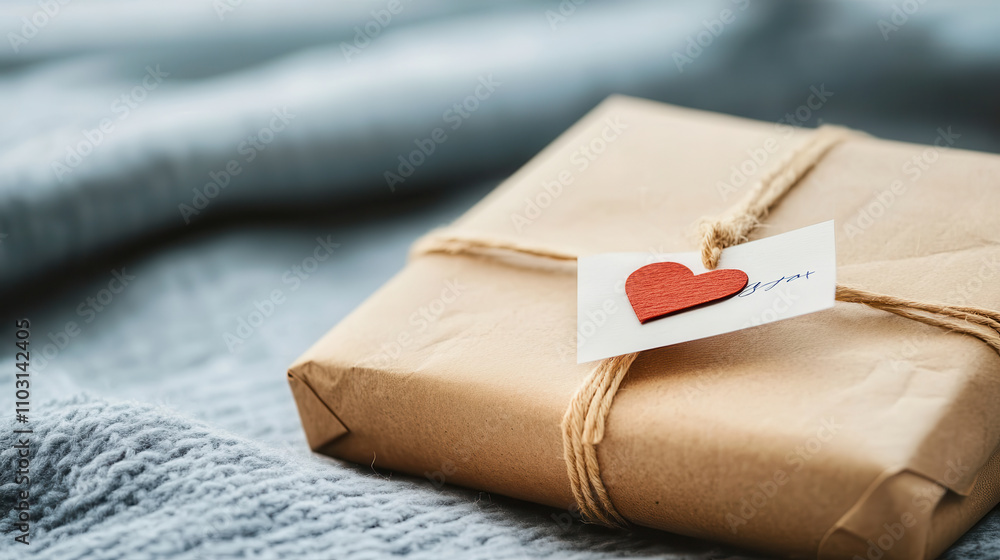 beautifully wrapped gift with heart tag, perfect for Valentine Day. warm tones and soft textures create cozy and romantic atmosphere