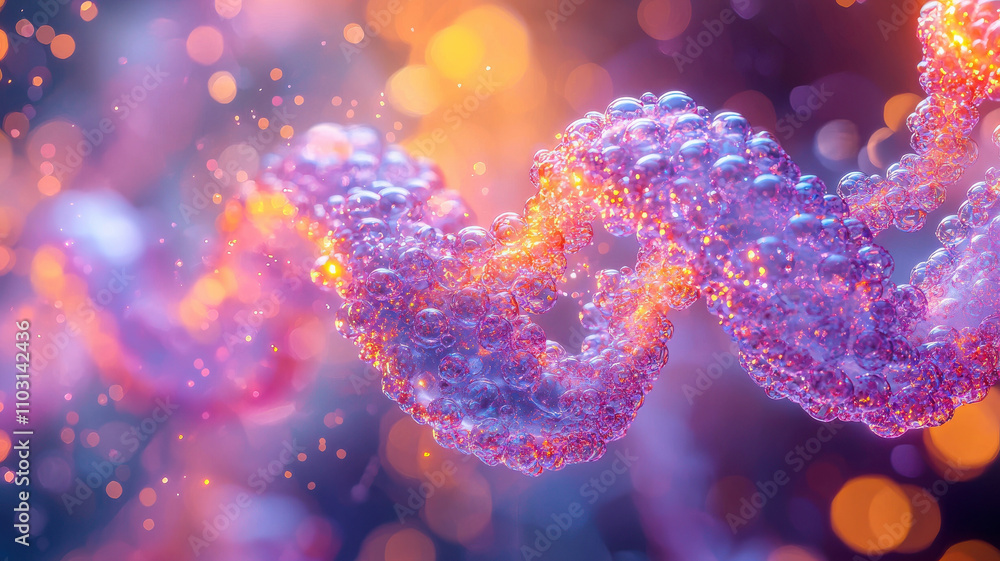 vibrant digital visualization of DNA strand with glowing histone structures, showcasing intricate molecular details and colorful light effects vibrant digital visualization of DNA strand with glowing histone structures, showcasing intricate molecular details and colorful light effects
