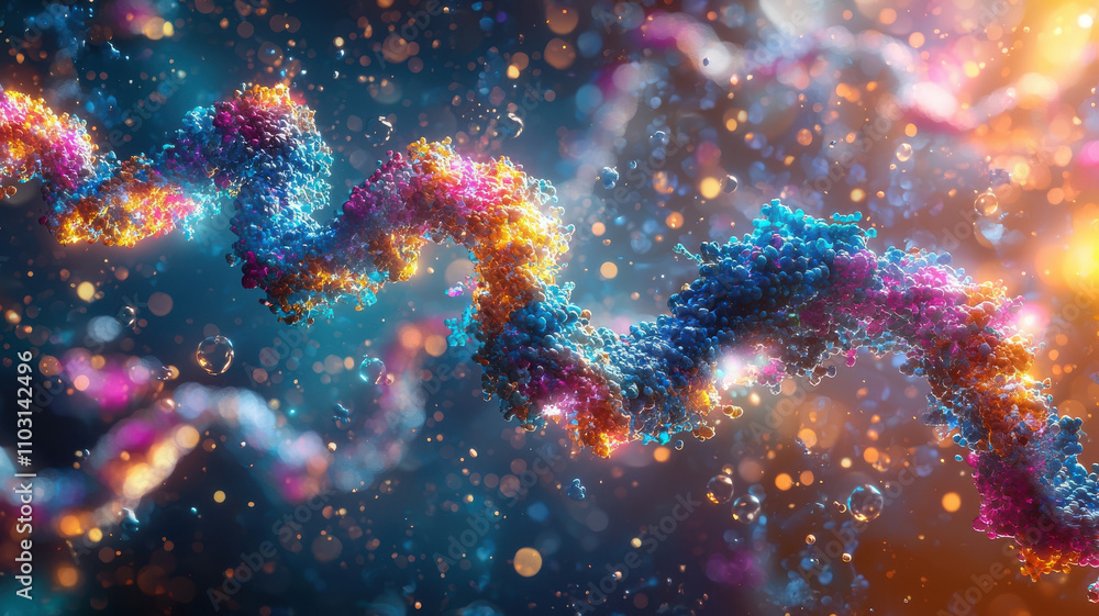 vibrant digital visualization of chromosome histone structure, showcasing colorful molecular details and dynamic energy. image captures complexity and beauty of genetic material