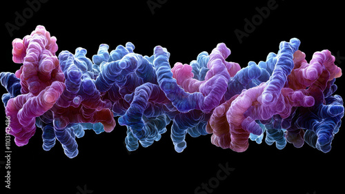 vibrant digital visualization of chromosome histone structure, showcasing intricate details and vivid colors against black background photo